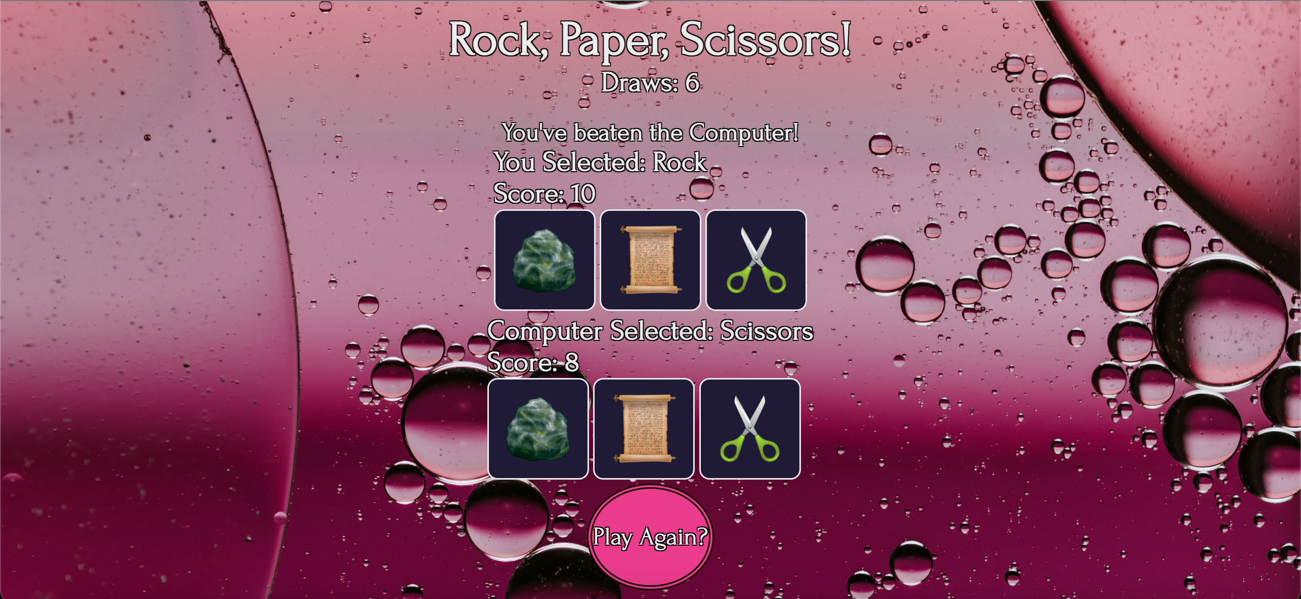 screenshot of rock paper scissors game with player one win screen